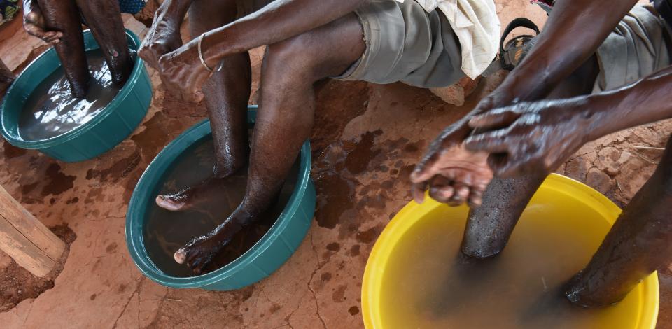 Self-care group, people washing their feet. 