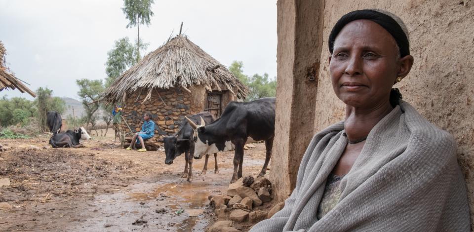 Wlubnesh Fentaye Adane, 50, who has trichiasis-stage trachoma in her left eye, at her sister's home in Faya, Amhara Region, Ethiopia, on May 17, 2017