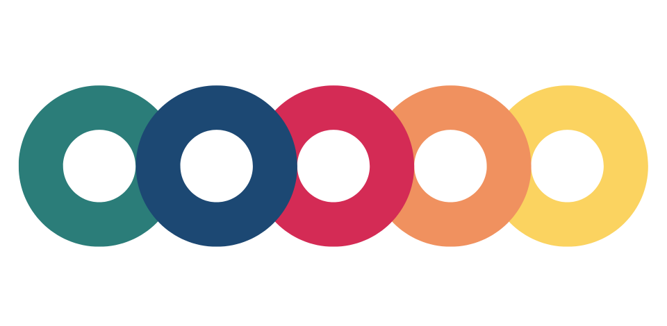 Five overlapping colored rings in teal, dark blue, pink, orange, and yellow, arranged horizontally