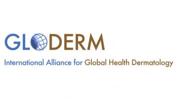 Logo of GLODERM. First half (from left to right) is in blue and the last half is in gold.